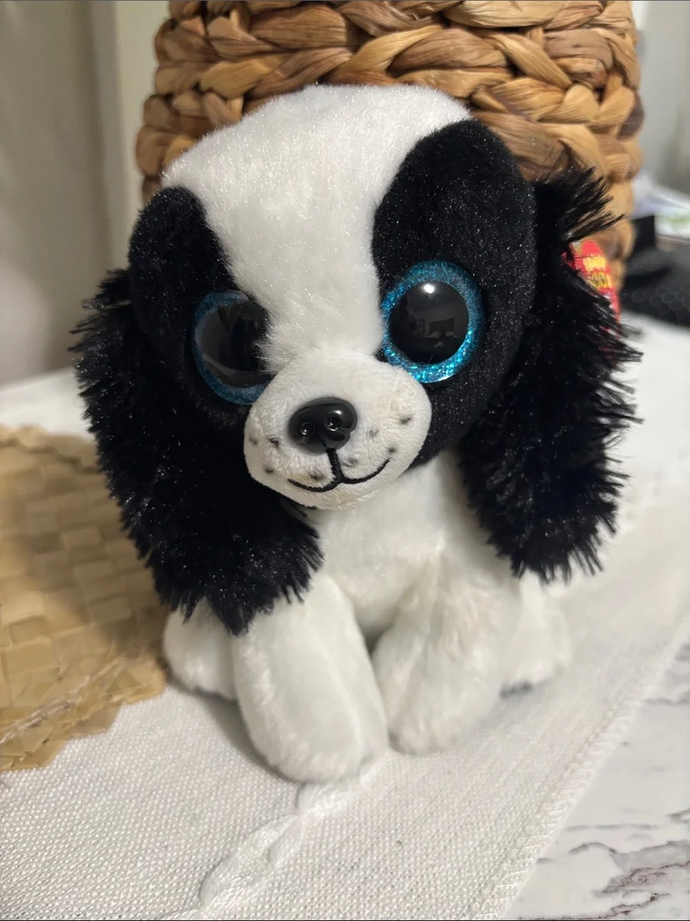 Ty Black & White Puppy Plush with Sparkling Blue Eyes